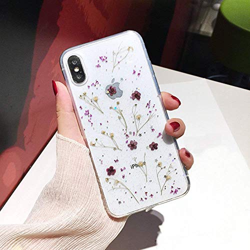Product Cover iPhone 11 Flower Case, Shinymore Soft Clear Flexible Rubber Pressed Dry Real Flowers Case Girls Glitter Floral Cover for iPhone 11-Purple