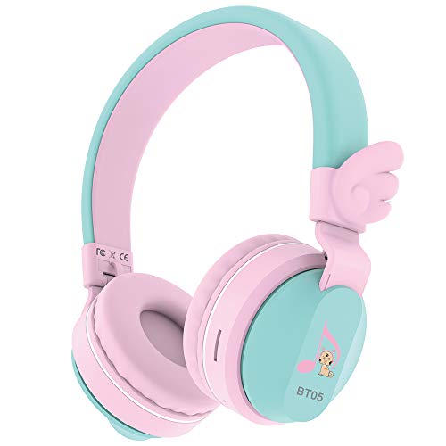 Product Cover Riwbox BT05 Wings Kids Headphones Wireless Bluetooth Foldable Over Ear Headset with Volume Limited and Mic/TF Card Compatible for iPad/iPhone/Tablet (Pink&Green)