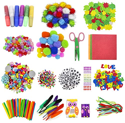 Product Cover Assorted Arts and Crafts Supplies for Kids Girls Ages 6 7 8 9 10, Pipe Cleaners, Letter Beads, Pom Poms,Glue,Sticks,Wiggle Googly Eyes,All in One Toddler Crafts Set for School Projects DIY Activities