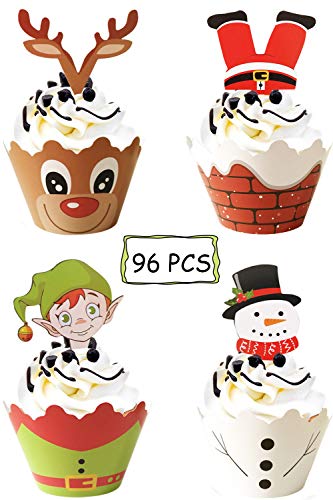 Product Cover JAYKIDS 96 PCS Christmas Cupcake Toppers and Wrappers Picks for Cake Decorations Xmas Party Supplies Set