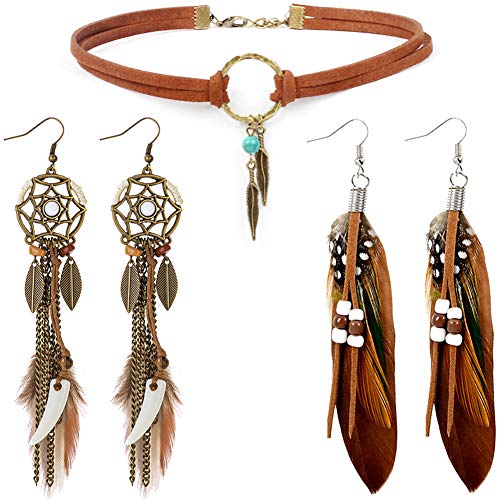 Product Cover Native American Jewelry for Women with 2 Pairs Boho Feather Earrings and 1 Turquoise Choker Necklace Western Jewelry Set for Women Girls Cowgirl