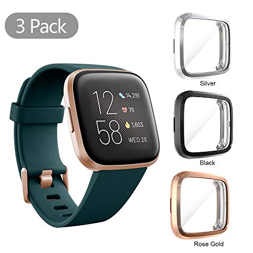 Product Cover Seltureone (3 Pack) Compatible for Fitbit Versa 2 Screen Protector Case, Full Body Cover Scratch Resistant Shock Absorbing Ultra Slim Protective for Fitbit Versa 2 Cases (Black,Silver,Rose Gold)