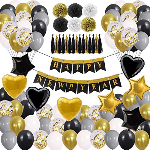 Product Cover New Years Eve Party Supplies 2020 Decorations Kit, Gold White and Black Balloons Sets, lunar New Year's, Graduation Party Supplies 2020 Decor