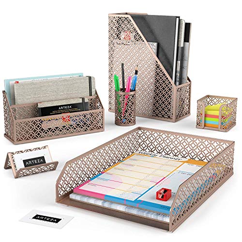Product Cover Arteza Desk Organizer Accessories Set in Rose Gold, 6-Piece Includes Pencil Cup Holder, Letter Sorter, Letter Tray, Magazine Holder, Name Card Holder, Sticky Note Holder for Home or Office