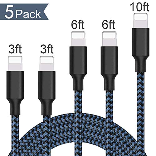 Product Cover iPhone Charger,BULESK MFi Certified Lightning Cable 5 Pack 3FT 3FT 6FT 6FT 10FT Extra Long Nylon Braided USB Charging & Syncing Cord Compatible iPhone 11/11Pro/11Pro Max Xs/Max/XR/iPad/Nan -Black blue