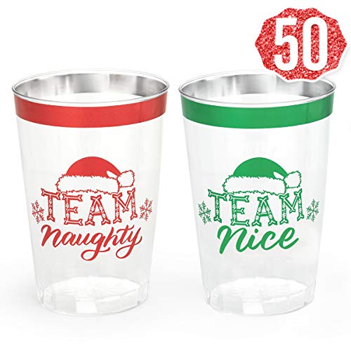 Product Cover xo, Fetti Christmas Decorations Cups - 50 count, 12 oz | Team Naughty or Nice, Christmas Eve Disposable Drinkwear, Clear Plastic Cocktail Tumbler with Foil