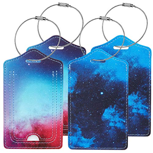 Product Cover 4 Pack Luggage Tags with Full Privacy Cover Stainless Steel Loop for Travel Bag Suitcase (Starry Sky)