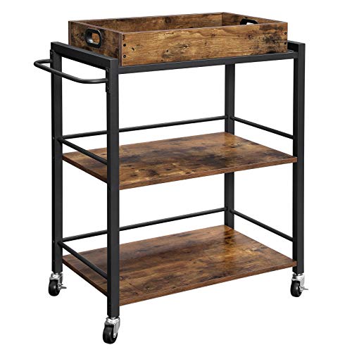Product Cover VASAGLE ALINRU Kitchen Serving Cart with Removable Tray, 3-Tier Kitchen Utility Cart on Wheels with Storage, Universal Casters with Brakes, Leveling Feet, Rustic Brown ULRC72X