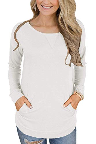 Product Cover Soulomelody Womens Tops Long Sleeve Shirt Fall Crew Neck Casual Plain Cotton Tunics with Pockets White