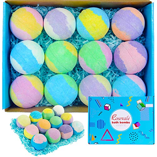 Product Cover Rosevale Organic Bath Bombs Gift Set for Women, 12 x 5oz Bubble & Spa Bath Bombs, Natural Shea & Coco Butter Dry Skin Moisturize, Perfect Birthday Christmas Gift idea for Her, Girls, Moms