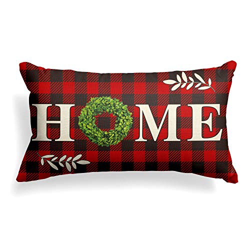Product Cover AVOIN Boxwood Wreath Home Throw Pillow Cover, Christmas Valentine Day Buffalo Check Plaid 12 x 20 Inch Farmhouse Linen Cushion Case Decoration for Sofa Couch