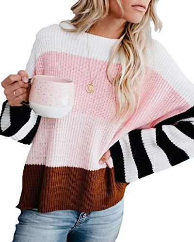Product Cover Suimiki Women's Casual Long Sleeve Pullover Color Block Striped Scoop Neck Knit Sweater Top Pink Large