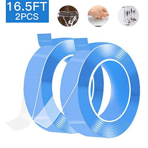 Product Cover Nano Tape 16.5ft Double Sided Tape Adhesive Removable Traceless Clear Sticky Gel Grip Anti-Slip Washable Reusable Sticky Gel Pads for Kitchen Holder Fixing Carpet Pictures (Blue Tape, 16.5FT2PCS)