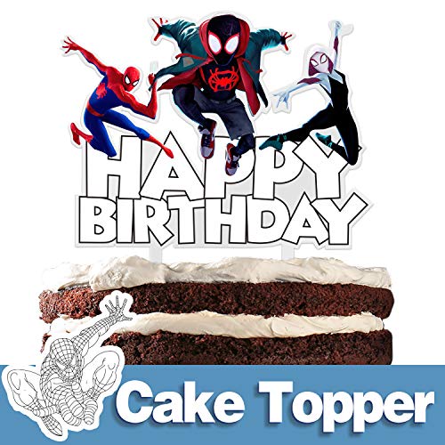 Product Cover Superhero Happy Birthday Cake Topper Spider Cartoon Theme Party Cake Decor Perfect for Baby Shower Child Birthday Party Supplies Adorable The Spider-Verse Acrylic Decorations