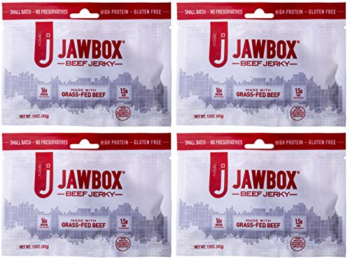 Product Cover Jawbox Jerky Grass-Fed Beef Jerky - Spicy Beef Jerky Pack of 4 - High-Protein, Whole Muscle, Gluten-Free, USA Grass-Fed and Finished Angus Beef Jerky