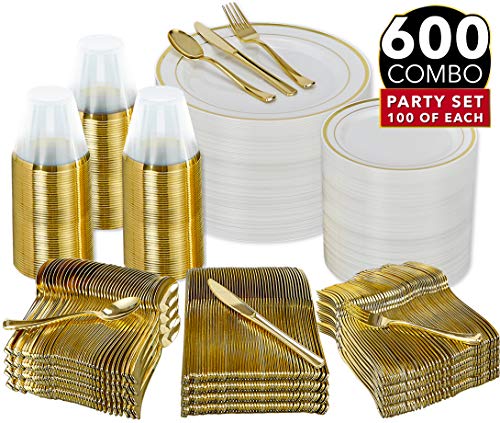 Product Cover 600 Piece Gold Dinnerware Party Set - 100 Guest | 100 Dinner Plastic Plates - 100 Salad Gold Plates- 100 Gold Plastic Silverware Set - 100 9 OZ Gold Plastic Cups | for Wedding, Birthday, Parties