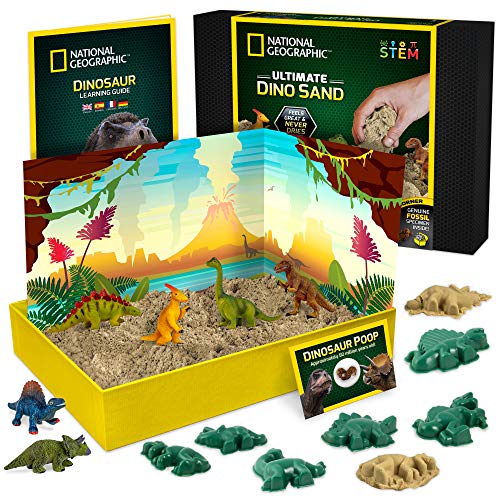 Product Cover NATIONAL GEOGRAPHIC Dinosaur Play Sand - 2 Pounds of Play Sand, 6 Molds, 6 Dinosaur Figures, A Kinetic Sensory Sand Activity Kit for Boys and Girls