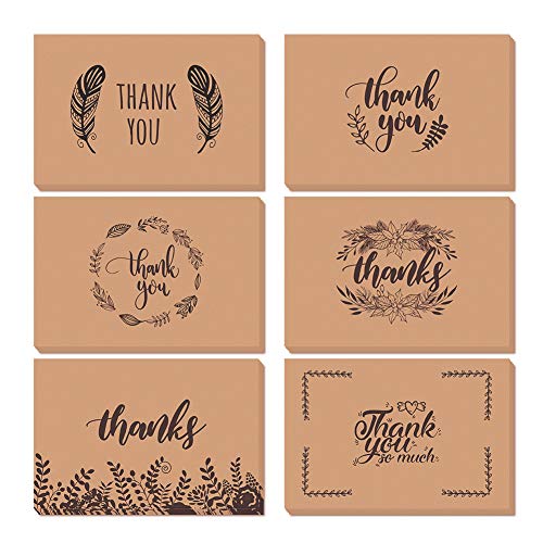 Product Cover 36 Bulk Thank You Cards, 6 Designs of Brown Assorted Thanks Notes Thank U Greeting Note Card Set Blank Inside with Brown Kraft Paper Envelopes and Stickers for Business Wedding Graduation Baby Shower