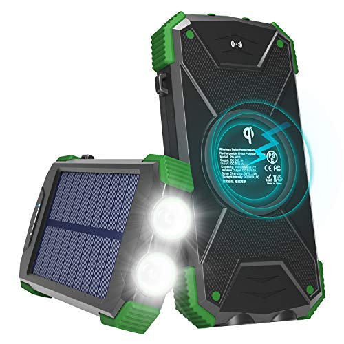 Product Cover Solar Charger with Qi Wireless Charging, Fojojo 10000mAh Solar Phone Charger with 2.1A Input/Output, Waterproof Outdoor Portable Solar Power Bank with Strong Flashlight and Carabiner Compass