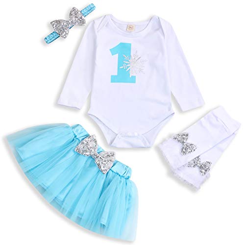 Product Cover Baby Girl One Birthday Skirts Set Toddler Snowflake Romper+Blue Tutu Skirt+Bow Headband+Sequin Leg Warmers Outfits (White, 12-15 Months)