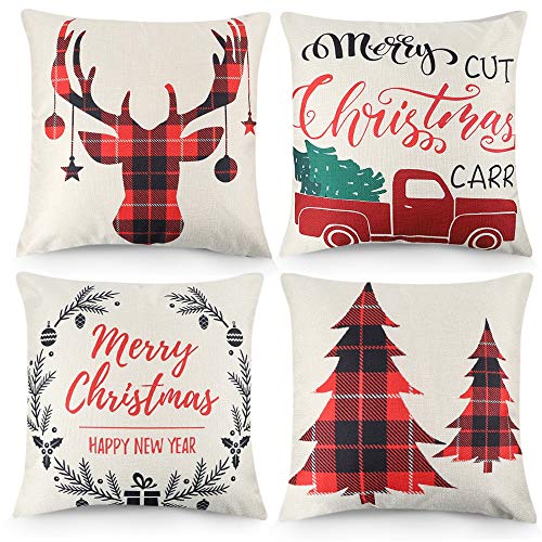 Product Cover CDWERD 4Pcs Christmas Pillow Covers 18x18 Inches Red Black Buffalo Plaids Pillow Covers Farmhouse Decorative Pillowcases Cotton Linen Cushion Case for Home Decor