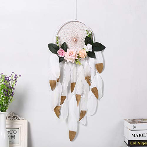 Product Cover AWAYTR Handmade Boho Dream Catcher - White Gold Feather Dream Catchers with Flowers for Wall Hanging Decoration Wedding Ornament (White)