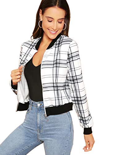 Product Cover ROMWE Women's Long Sleeve Zipper Plaid Stand Collar Bomber Jacket Top