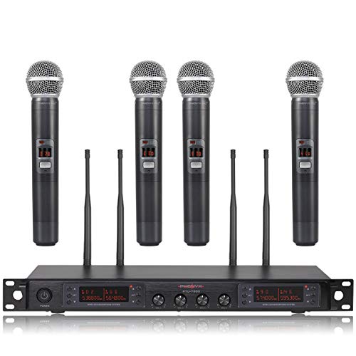 Product Cover Wireless Microphone System, Phenyx Pro Quad Channel Cordless Mic Set with Metal Handheld Mics, 4x200 Channels, Auto Scan, Long Distance 328ft, Ideal for DJ, Church, Outdoor Events (PTU-7000A)