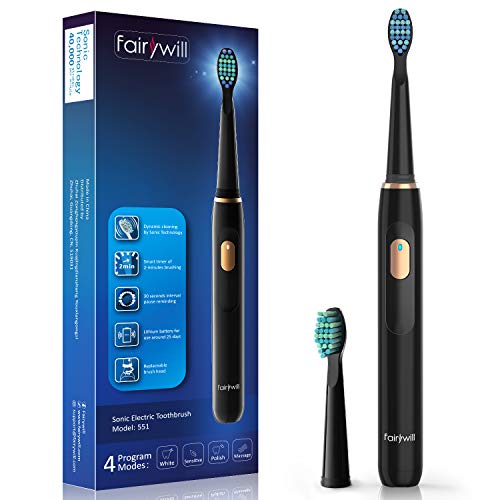 Product Cover Electric Toothbrush Clean as Dentist Rechargeable Sonic Toothbrush with Smart Timer 4 Hours Charge Minimum 30 Days Use 4 Optional Modes Whitening Toothbrushes for Adults with 2 Brush Heads Black