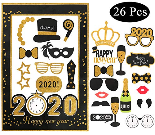 Product Cover New Years Eve Party Supplies 2020, New Years Photo Booth Props Pack Of 33 Glitter Cardstock Decorations Kit, New Years Eve Backdrop 2020 Supplies decor