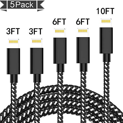 Product Cover iPhone Charger Cable SHARLLEN MFi Certified iPhone Lightning Cable 5Pack 3/6/10FT Long Nylon Braided USB iPhone Data Cable Wire Fast Charging Cord Compatible iPhone11/XS/XR/X/8/7/6/iPad (Black White))