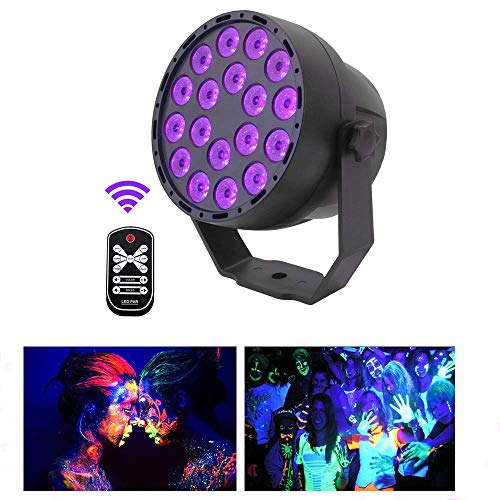 Product Cover Led Par Can Disco Lights 18LED DMX512 UV LED Stage Light Ultraviolet Black Light 7 Lighting Modes Glow in The Dark with Sound Activated IR Remote Control for Glow Party Theater DJ Stage Lighting
