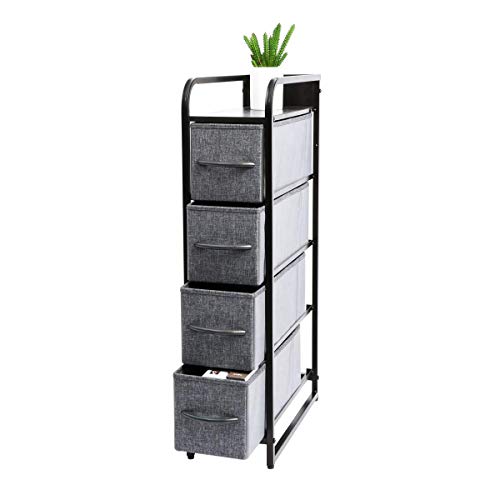 Product Cover Kamiler Narrow Dresser Storage 4 Drawers, Tall Vertical Organizer Tower Unit for Bedroom/Closets/Laundry Room/Hallway/Entryway, Sturdy Steel Frame, Wooden Top, Removable Fabric Bins-Gray