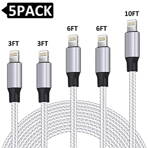 Product Cover iPhone Charger,HOVAMP MFi Certified Lightning Cable 5 Pack(3+3+6+6+10ft) Durable High-Speed Charger Nylon Braided Cord Compatible iPhone 11/Pro/Xs Max/XR/X/8/8Plus and More
