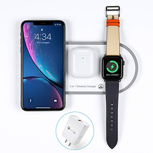 Product Cover 2019 Upgraded Wireless Charger 3 in 1 Wireless Charging Pad Fast Apple Charge Dock Station for Air Pods Pro 1 2 iWatch Series1 2 3 4 5 iPhonePro 11 8 8 Plus X Xr Xs Max with QC 3.0 Adapter