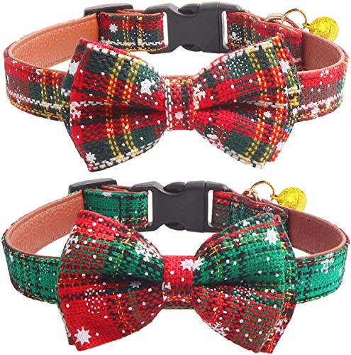 Product Cover KUDES 2 Pack/Set Christmas Snowflake Dog Collars Breakaway with Bow Tie and Bells for Cat and Small/Medium/Large Pets, Red & Green (L(14.2''-21.7''), Red+Green)