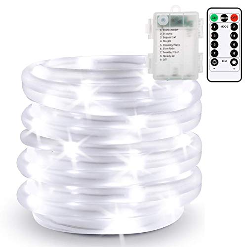 Product Cover Unihoh Led Rope Lights Outdoor Waterproof String Lights Battery Powered with Remote Control 8 Modes White Changing, Outdoor Decoration Lighting for Garden Patio Party, Christmas