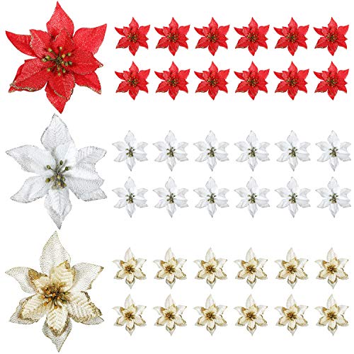Product Cover WILLBOND 45 Pieces Christmas Poinsettia Decorations Glitter Artificial Christmas Flowers for Xmas Tree Ornaments, 5 Inch (Multicoloured)