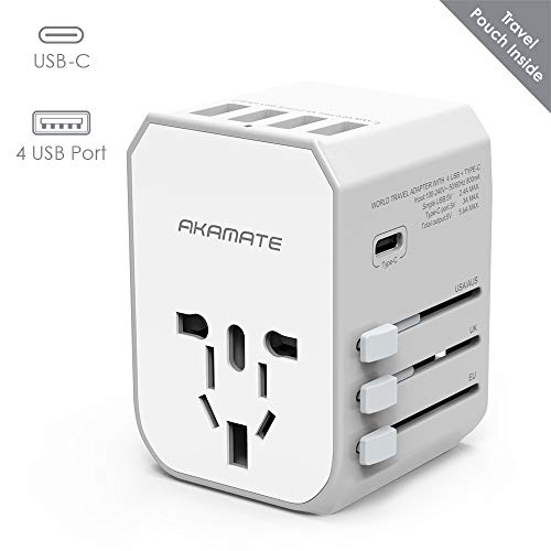 Product Cover Travel Adapter, AKAMATE International Universal Power Wall Charger with 4 USB, 1 USB C, Smart IC, All in One Adapter for Europe, UK, US, AU, Asia and More