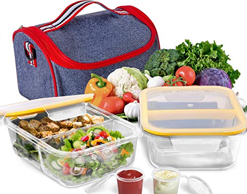 Product Cover Prep Food Containers 2 Compartment Glass Containers with Lids (1040ml x 2) + Lunch Bag Meal Prep and Portion Control Lunch Box Airtight Leakproof Microwave Oven Freezer Dishwasher Safe Lunch Container