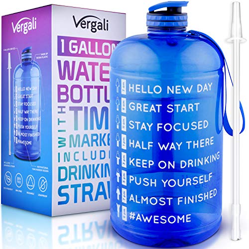 Product Cover Vergali 1 Gallon Water Bottle with Time Marker and Straw. Large Motivational Sports Water Jug to Increase Your Daily Water Intake. Made of BPA Free, Leakproof, Crack Proof, Tritan Plastic