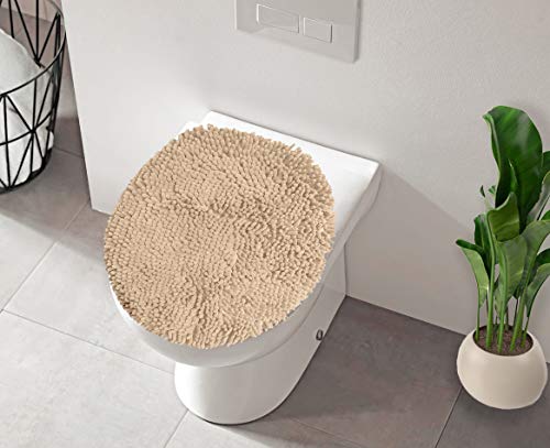 Product Cover LuxUrux Toilet Lid Cover, Extra-Soft Plush Seat Cloud Washable Shaggy Microfiber Standard Toilet Lid Covers for Bathroom Machine Wash & Dry. (19 x 21 inches, Beige)