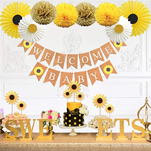 Product Cover KeaParty Sunflower Baby Shower Party Decorations Supplies Kit, Sunflower Welcome Baby Banner, Yellow Sunflowers Cupcake Toppers, Tissue Paper Fans, Pom Poms