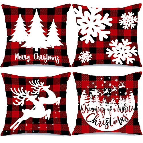Product Cover AENEY Farmhouse Christmas Pillow Covers 18x18 Set of 4 for Christmas Decor Buffalo Check Throw Pillows Black and Red Buffalo Plaid Christmas Decorations Decorative Throw Pillow Covers