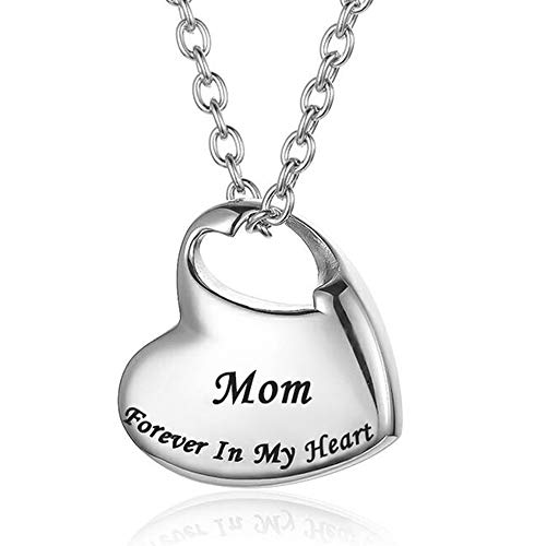 Product Cover Cremation Urn Necklace for Ashes Urn Jewelry,Forever in My Heart Carved Locket Stainless Steel Keepsake Waterproof Memorial Pendant for mom & dad with Filling Kit (Mom)