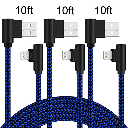 Product Cover Right Angle iPhone Charger Cable 3 Pack 10 FT 90 Degree Lightning Cable Extra Long Nylon Braided Charging and Syncing Cord Compatible with iPhone Xs Max/XS/XR/X/ 8/8 Plus (Blue Black,10Foot)