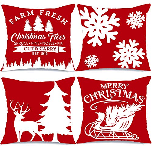 Product Cover AENEY Farmhouse Christmas Pillow Covers 18x18 Set of 4 Red for Christmas Decor Christmas Tree Farm Sign Deer Snow Throw Pillows Christmas Decorations Decorative Red Throw Pillow Covers