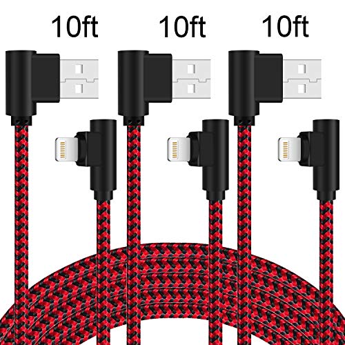 Product Cover 90 Degree Lightning Cable 10 FT Right Angle 3 Pack iPhone Charger Cable Charging and Syncing Cord Extra Long Nylon Braided for iPhone/iPad (Red Black,10Foot)