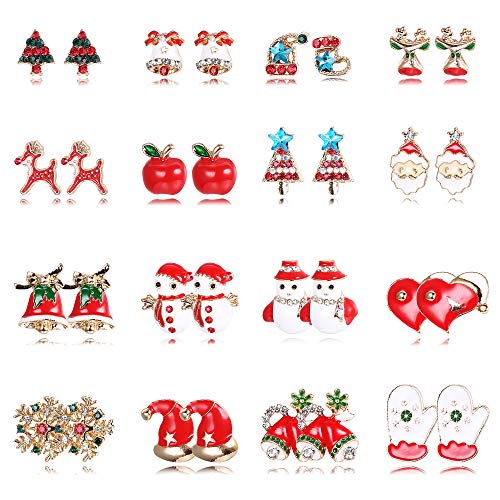 Product Cover Hanpabum 16 Pairs Christmas Stud Earrings for Women Cute Party Festive Earrings Jewelry Set, Christmas Gifts