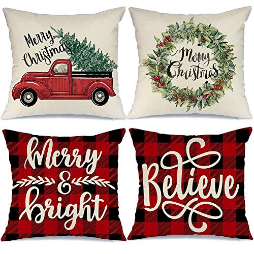 Product Cover AENEY Farmhouse Christmas Plaid Pillow Covers 18x18 inch Set of 4 for Home Red and Black Buffalo Check Christmas Decor Winter Holiday Christmas Pillows Christmas Decorations Throw Pillow Covers